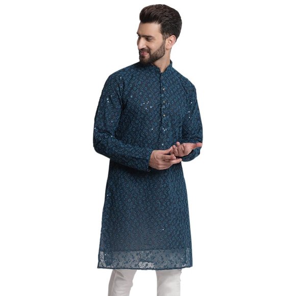 Men Chikankari Georgette Blue Color Kurta Full Sleeve Knee Length Kurta - Picture 2 of 6